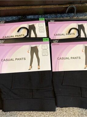 Lot of 4 Lildy Everyday Casual Pants L/XL Black Pull-On Stretch Pants  NEW
